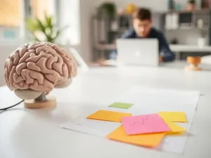 Model mózgu na biurku obok notatek i wykresu, w tle osoba przy laptopie analizująca dane o zachowaniach konsumentów