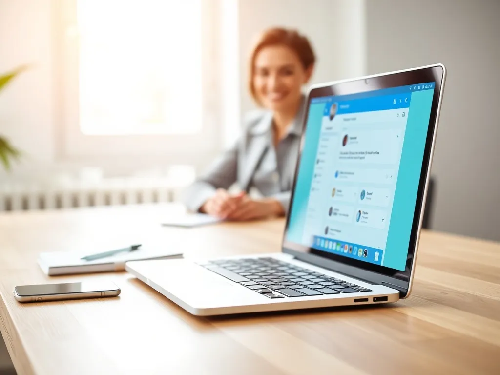 Osoba pracująca przy laptopie z mediami społecznościowymi, w domowym biurze, ilustrująca ideę social selling.