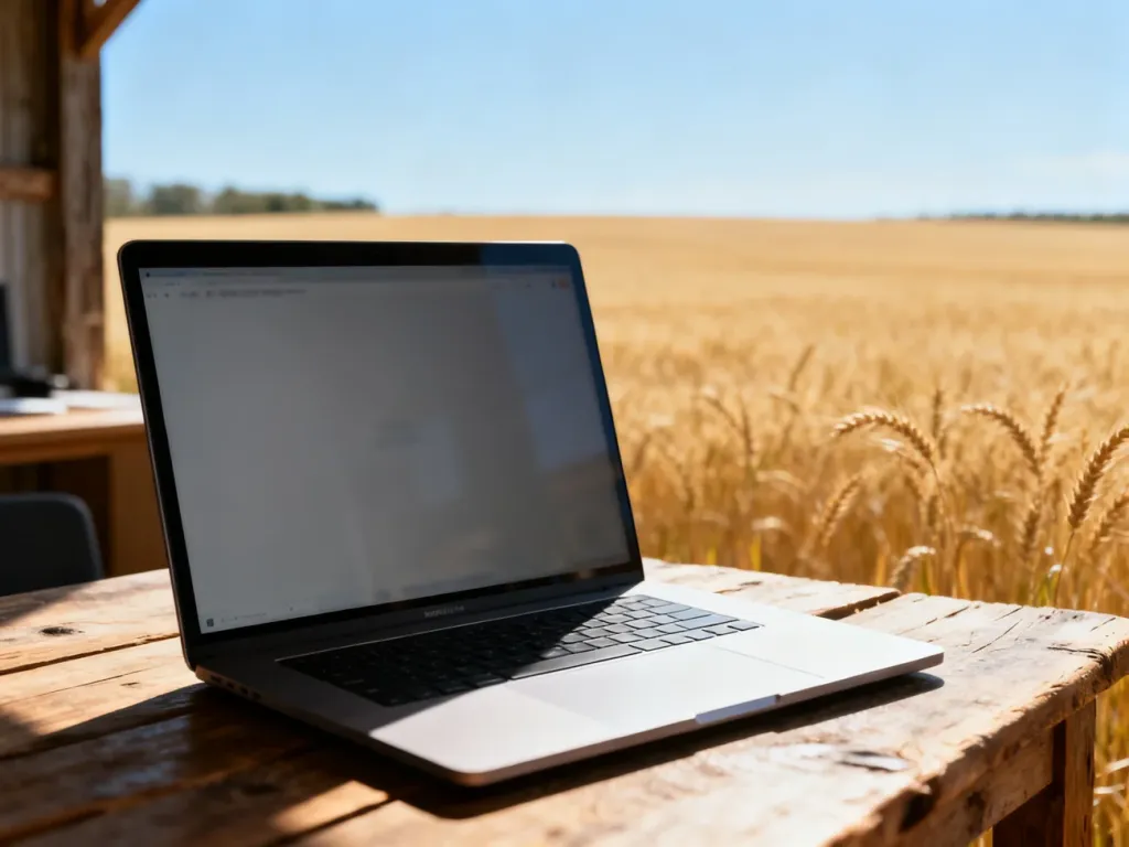 Nowoczesny laptop na drewnianym stole z widokiem na pole pszenicy, symbolizujący dostęp do usług ARiMR w rolnictwie.