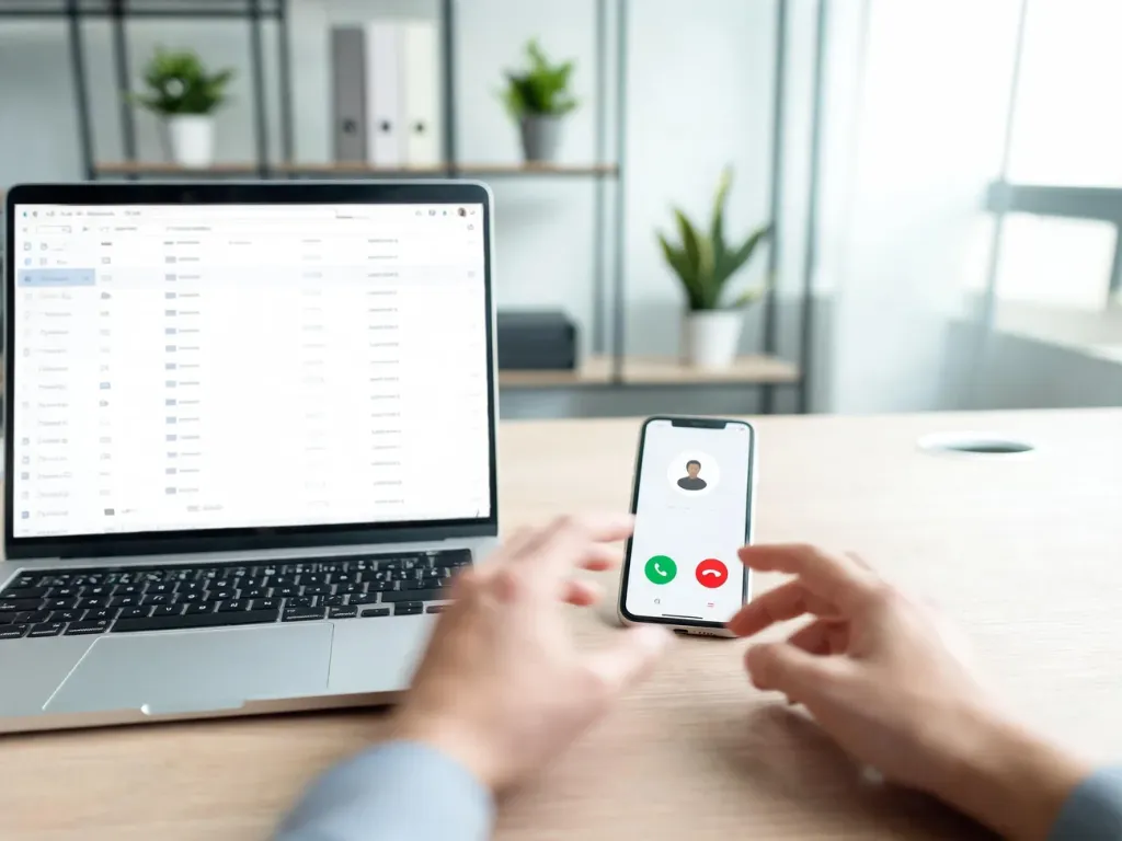 Laptop z otwartą skrzynką mailową i telefon z przychodzącym połączeniem, symbolizujące cold calling i cold emailing.