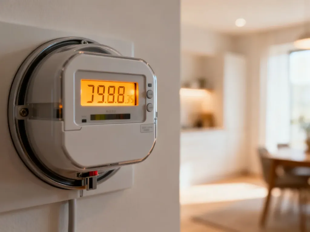 Cyfrowy licznik energii elektrycznej w nowoczesnym wnętrzu, symbolizujący efektywne zarządzanie zużyciem prądu w domu.