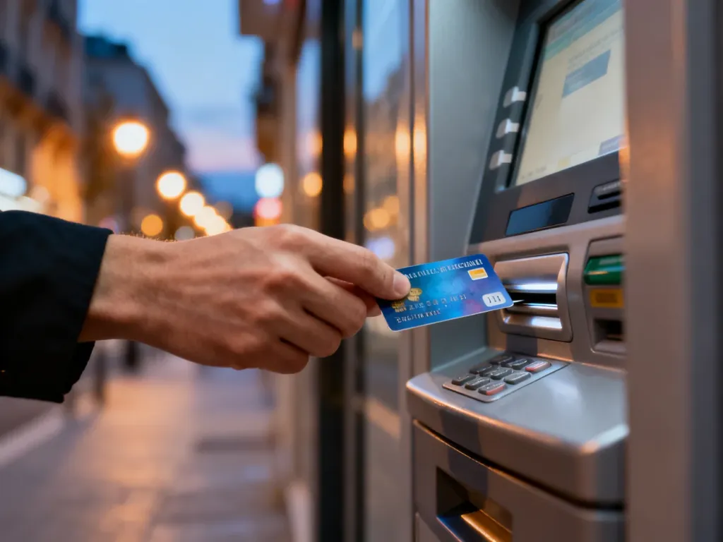 Dłoń wkładająca kartę płatniczą do nowoczesnego bankomatu w miejskim otoczeniu o zmierzchu.