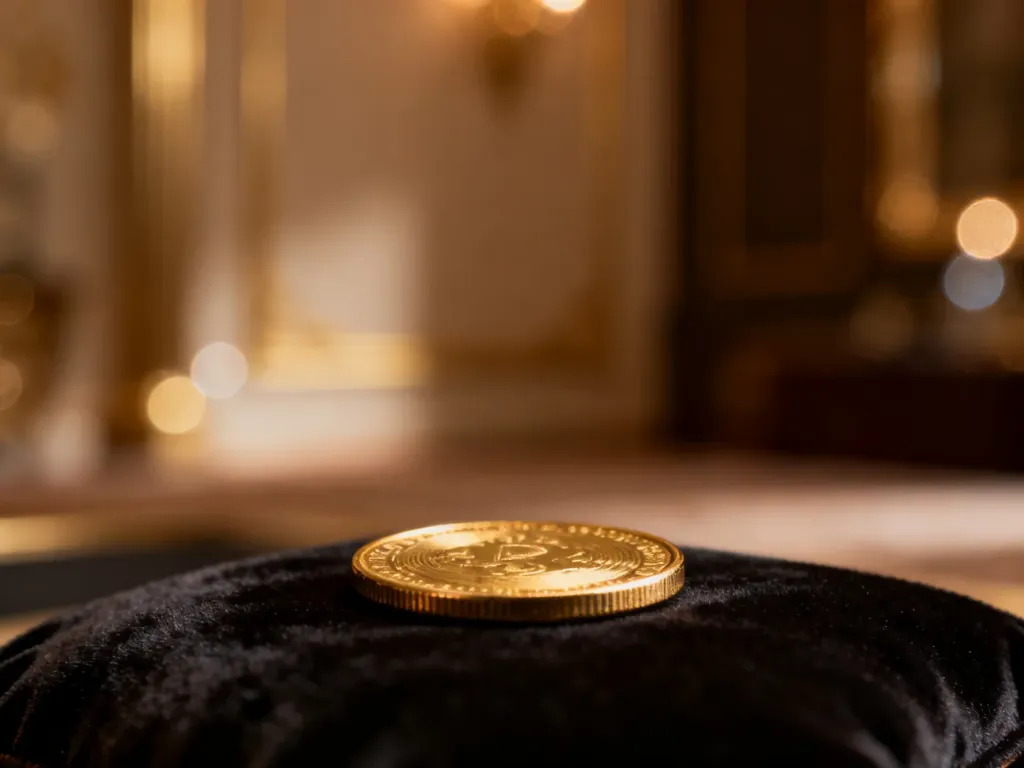 Złota moneta kolekcjonerska NBP wyeksponowana na ciemnym, aksamitnym tle w eleganckim, profesjonalnym oświetleniu.