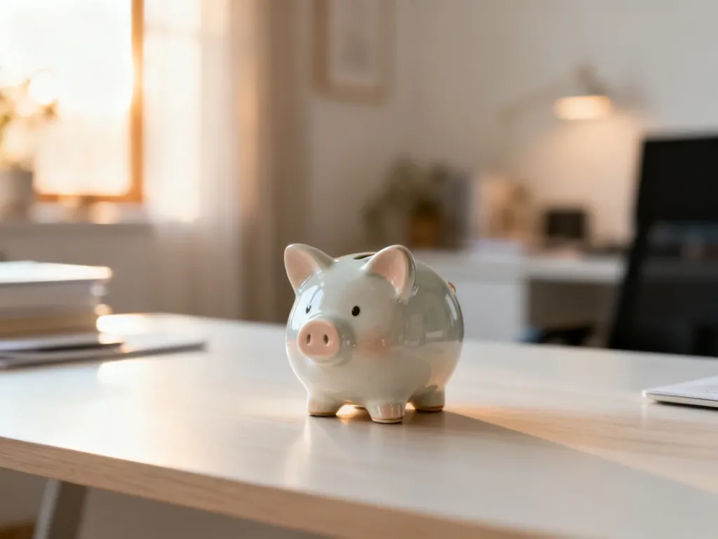Elegancka ceramiczna skarbonka na drewnianym biurku, symbolizująca oszczędności i planowanie finansowe dla dziecka.