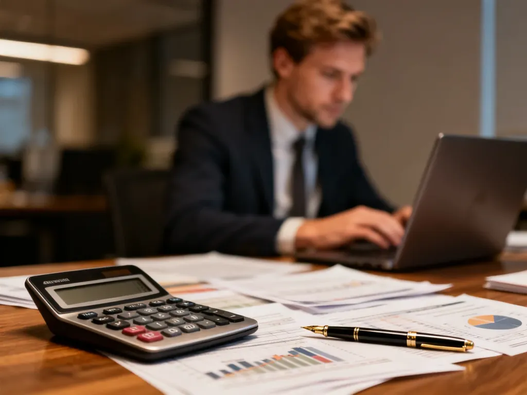 Biurko z kalkulatorem i dokumentami finansowymi, symbolizujące profesjonalne rozliczanie odsetek za opóźnienia.