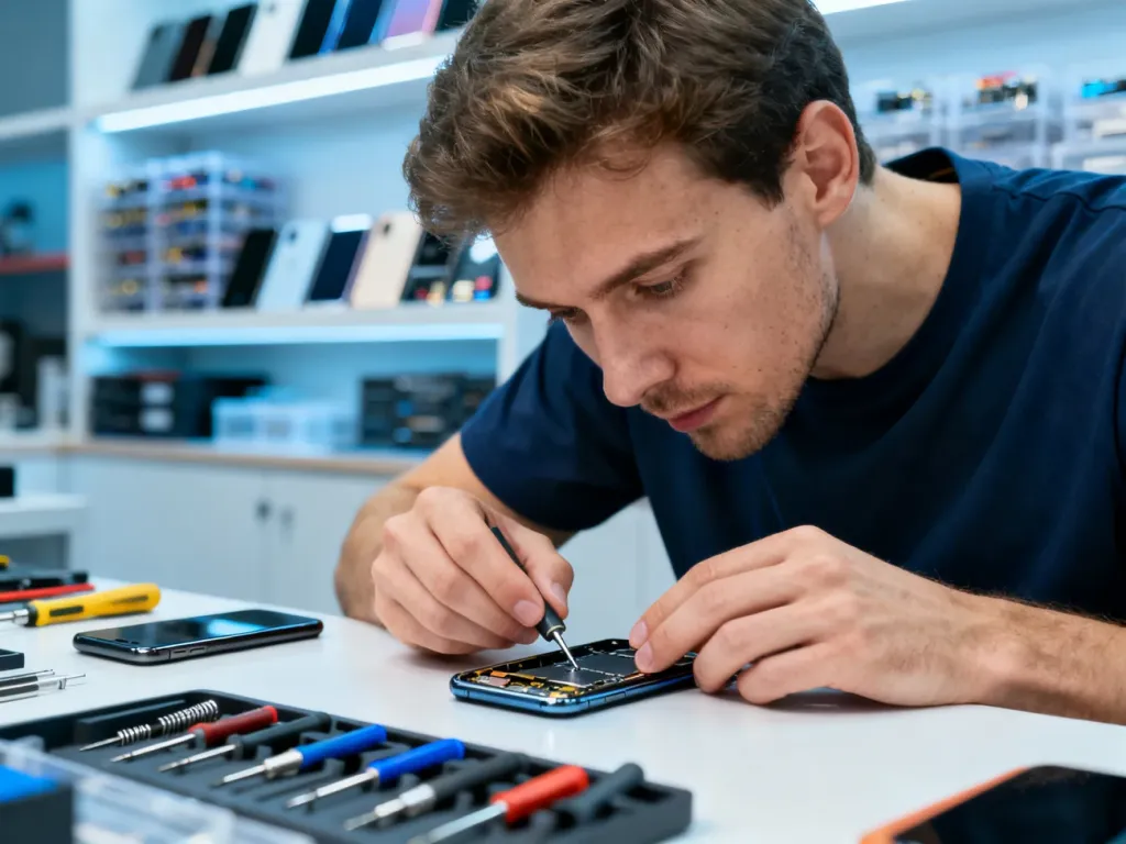 Technik w profesjonalnym serwisie w Poznaniu naprawia smartfon na uporządkowanym stanowisku z narzędziami.