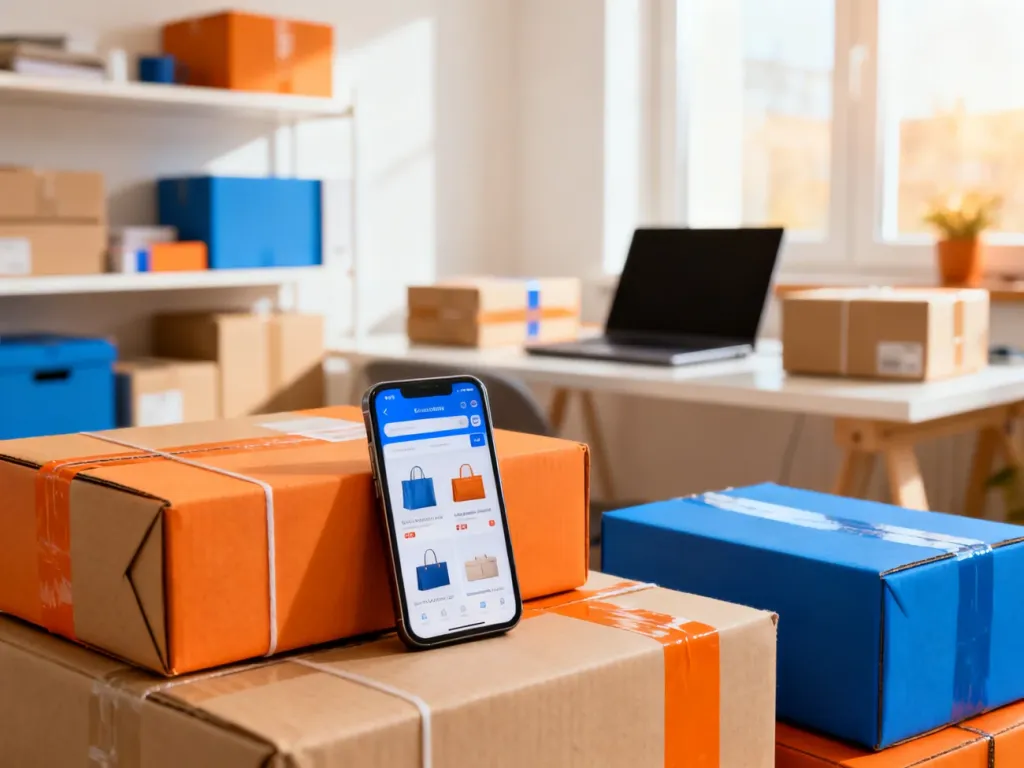 Przygotowane do wysyłki paczki oraz smartfon z aplikacją zakupową na tle domowego biura, symbolizujące sprzedaż w e-commerce.