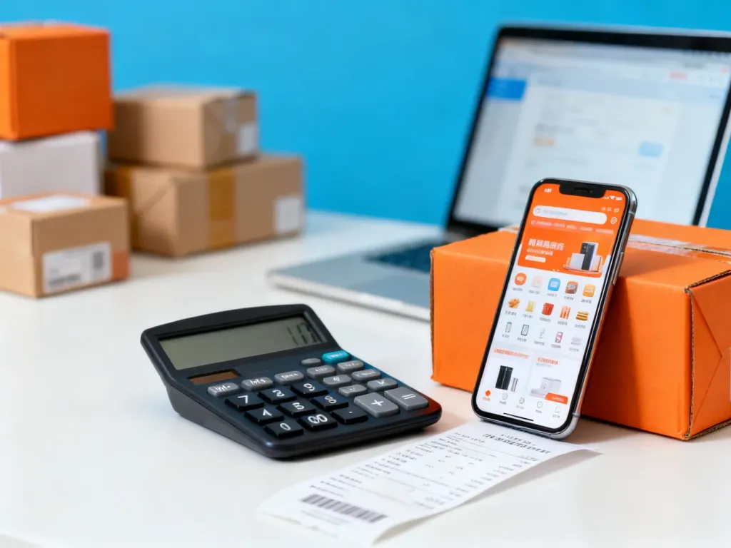 Kalkulator, smartfon z interfejsem zakupowym oraz paczka na biurku, symbolizujące rozliczanie prowizji ze sprzedaży online.
