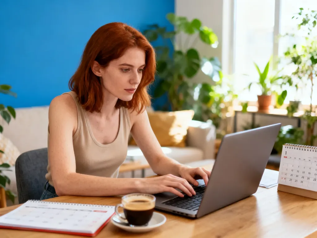 Kobieta pracująca przy laptopie w przytulnym domowym biurze, symbolizująca elastyczność pracy zdalnej.