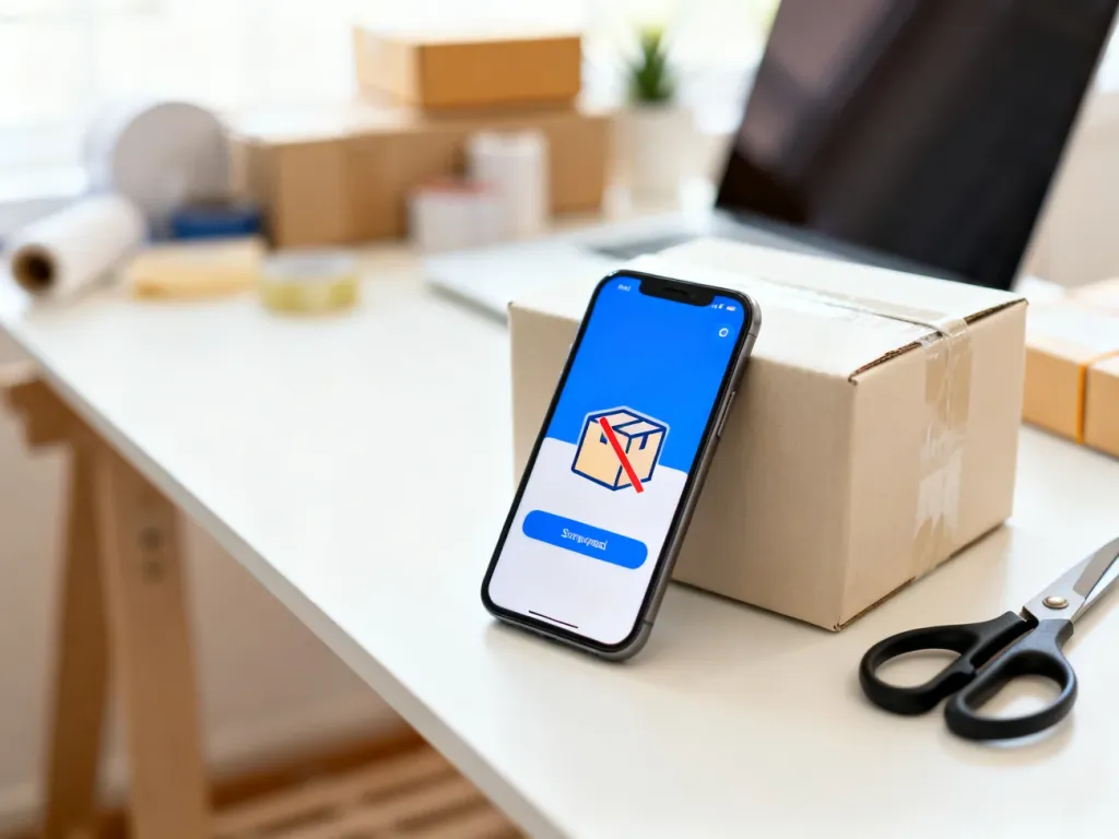 Smartfon z ikoną anulowanej przesyłki obok zapakowanej paczki i nożyczek na biurku, ilustrujący proces rezygnacji ze sprzedaży.