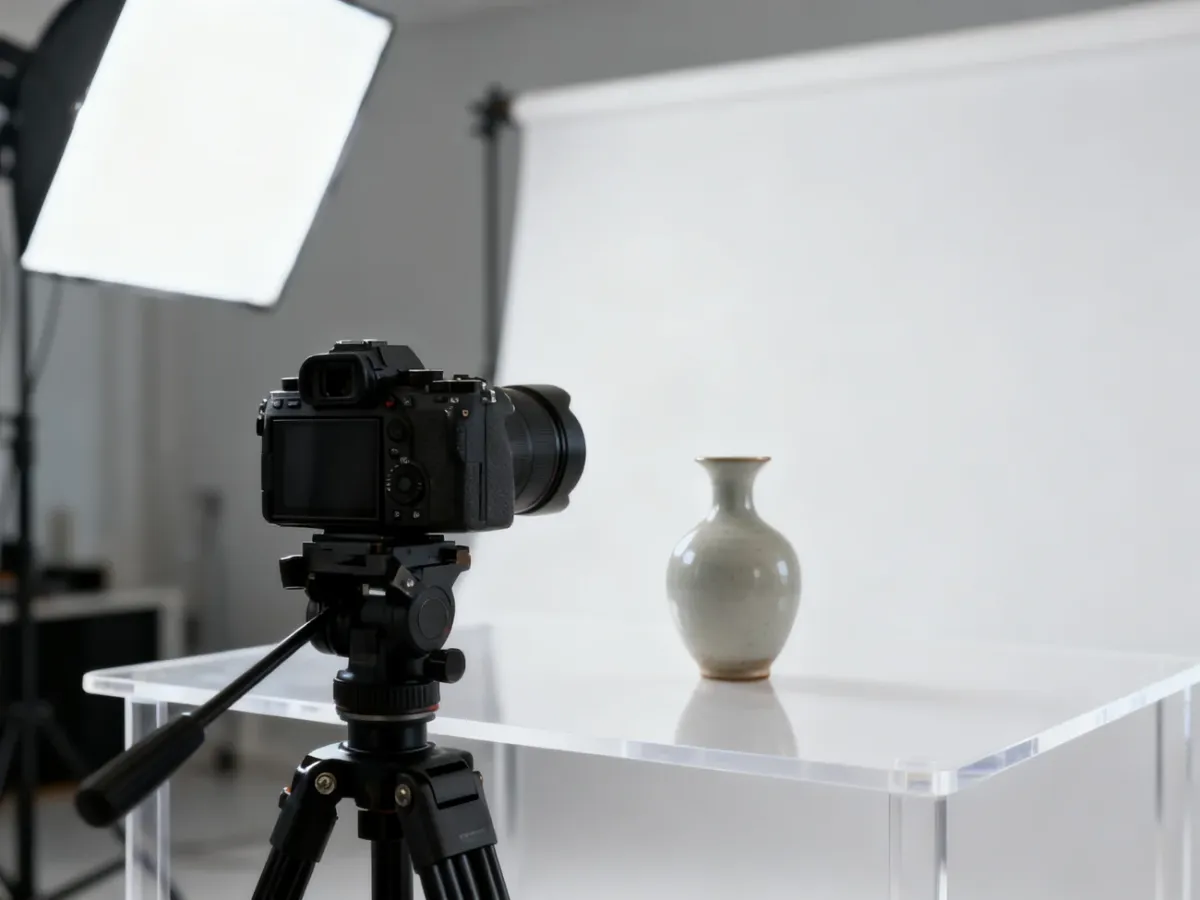Profesjonalny zestaw do fotografii produktowej z aparatem na statywie skierowanym na ceramiczny wazon na białym tle.