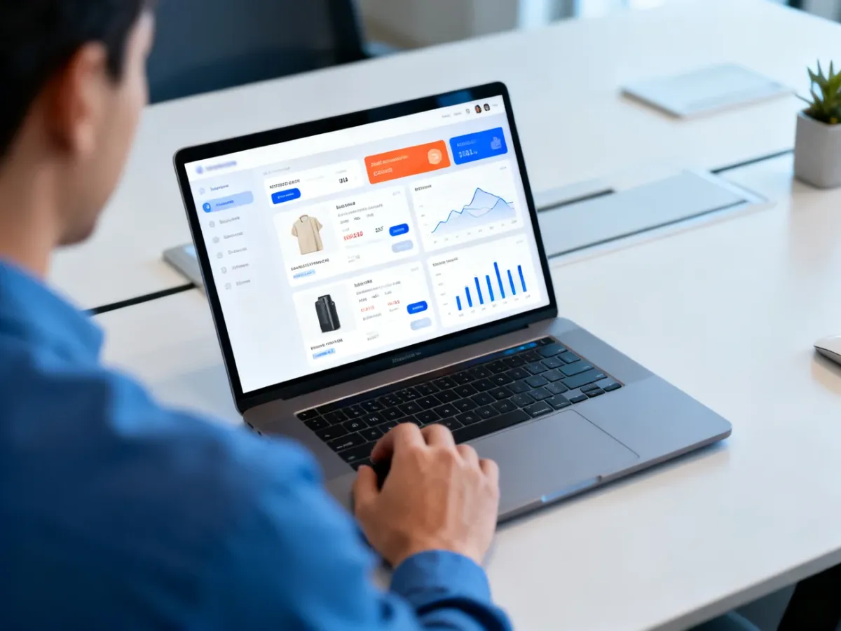 Sprzedawca analizujący wyniki ofert i kampanii marketplace na laptopie