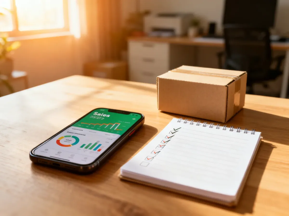 Biurko z narzędziami do e-commerce: smartfon z panelem sprzedaży, notatnik z listą zadań i kartonowe pudełko wysyłkowe.