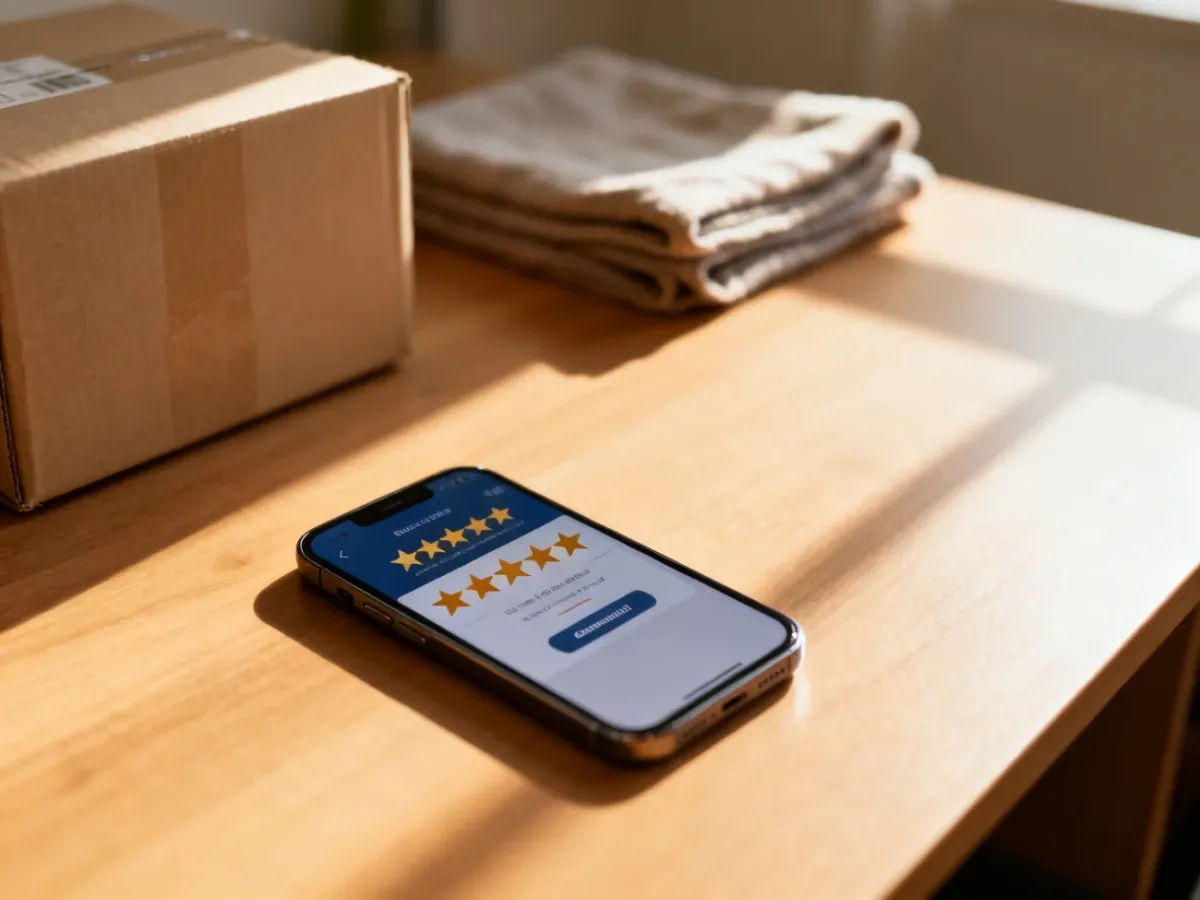 Ekran smartfona z pięcioma gwiazdkami na drewnianym biurku, symbolizujący udaną transakcję i pozytywną opinię na Marketplace.