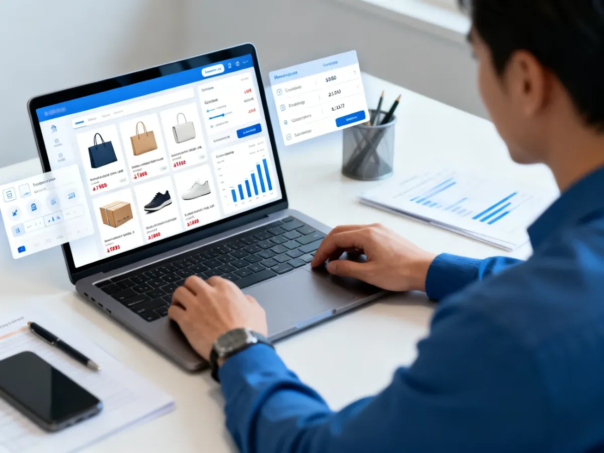 Sprzedawca analizujący wyniki oferty marketplace przy laptopie