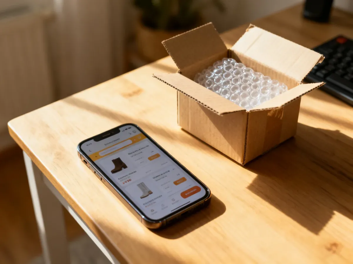 Smartfon z otwartą aplikacją sprzedażową i kartonowe pudełko na biurku, symbolizujące przygotowanie paczki do wysyłki.