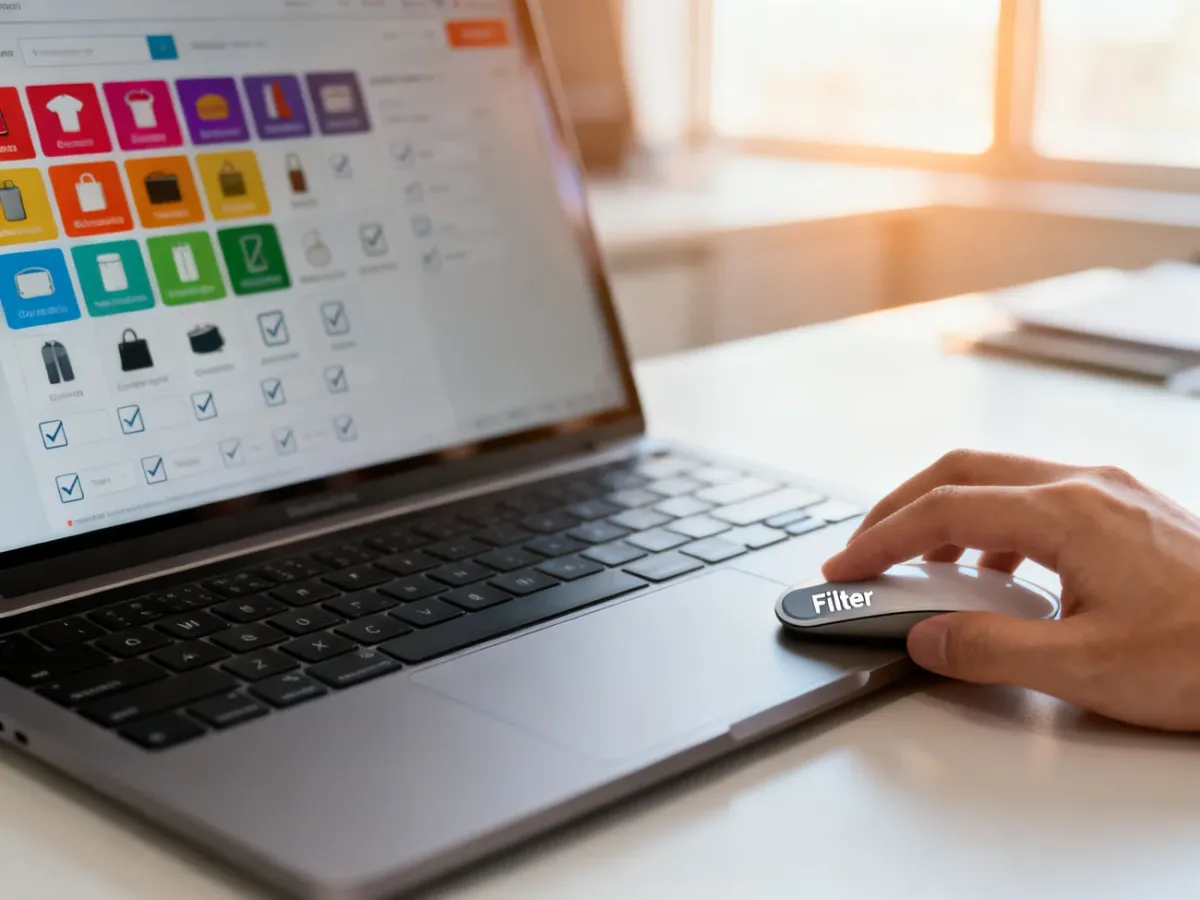 Dłoń użytkownika klikająca przycisk filtrowania produktów w nowoczesnym interfejsie sklepu internetowego na laptopie.