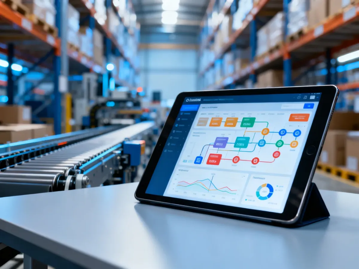 Tablet z panelem logistycznym przedstawiającym wykresy zamówień na tle nowoczesnego, zautomatyzowanego magazynu.