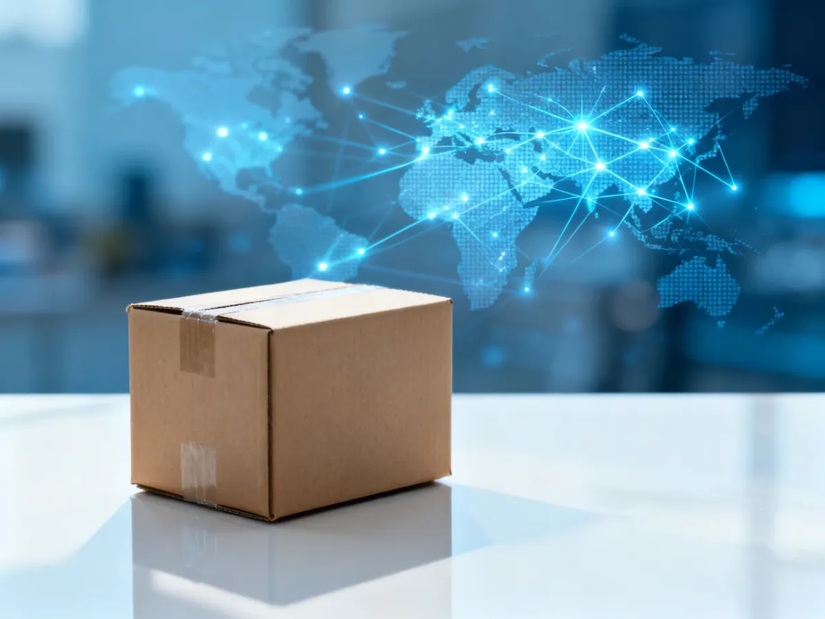 Kartonowe pudełko wysyłkowe na tle cyfrowej sieci e-commerce, symbolizujące sprzedaż międzynarodową na platformie.