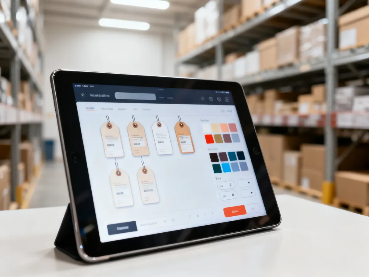 Tablet z interfejsem do zarządzania atrybutami produktów, takimi jak kolory i rozmiary, na tle magazynu.