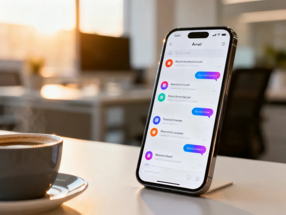 Nowoczesny smartfon z powiadomieniami e-mail na tle biurka, ilustrujący profesjonalną komunikację z klientem.