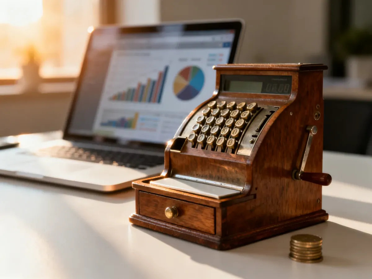 Zabytkowa kasa fiskalna na biurku obok laptopa z wykresami biznesowymi, symbolizująca rozliczenia finansowe na Allegro.