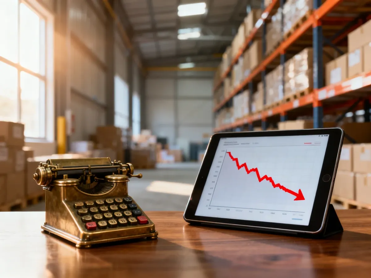 Tablet z opadającym wykresem sprzedaży na tle magazynu, symbolizujący wyzwania w e-commerce.