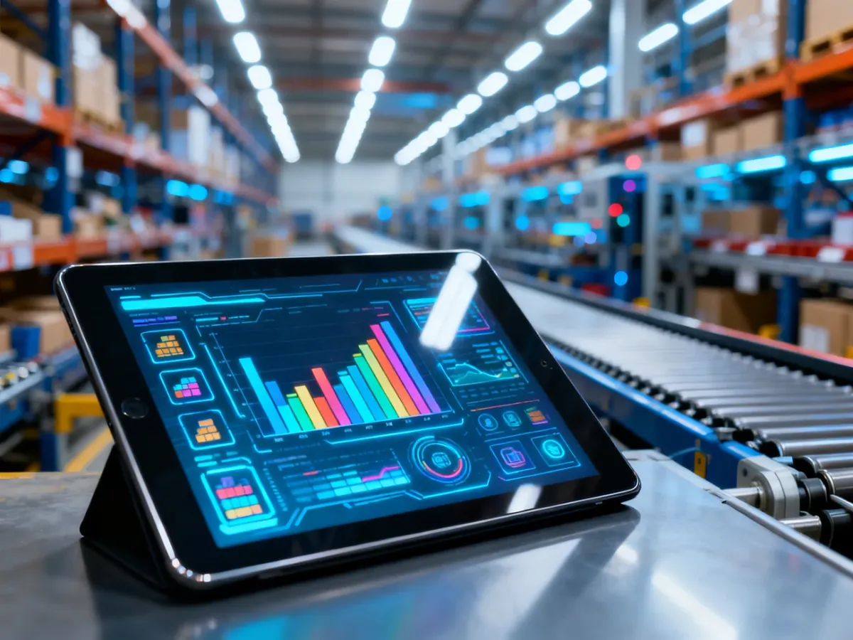 Tablet z interfejsem synchronizacji danych na tle nowoczesnego, zautomatyzowanego magazynu logistycznego.