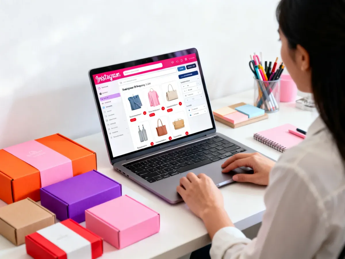 Menedżer e-commerce przygotowujący katalog produktów i oznaczenia zakupowe na Instagramie