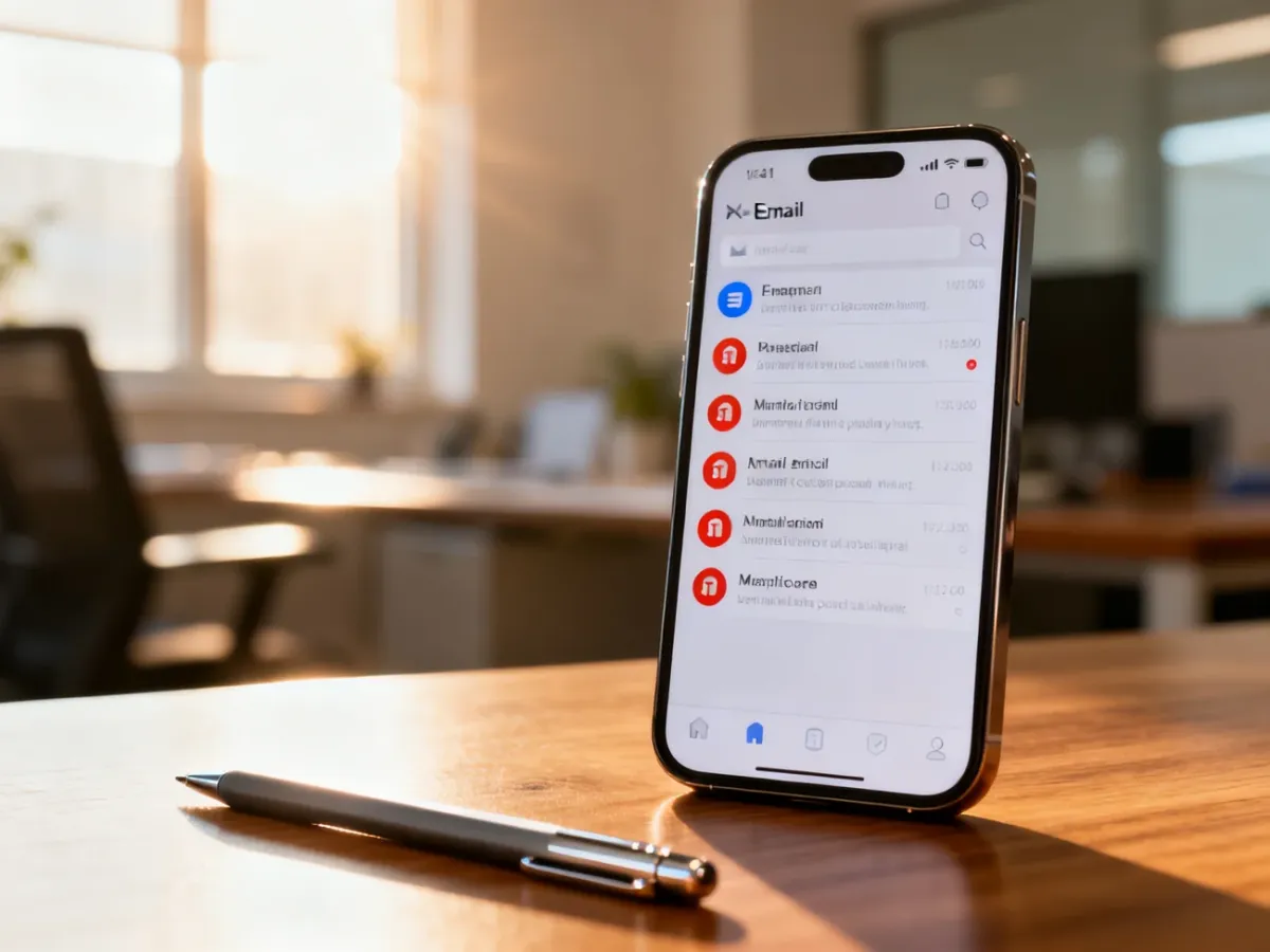 Smartfon z powiadomieniami o nieprzeczytanych wiadomościach e-mail na biurku w słonecznym biurze.