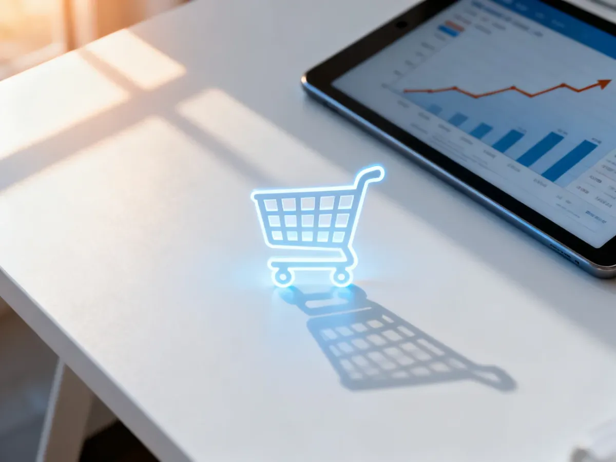 Świetlista ikona koszyka zakupowego na biurku obok tabletu z wykresem wzrostu sprzedaży, symbolizująca sukces w e-commerce.
