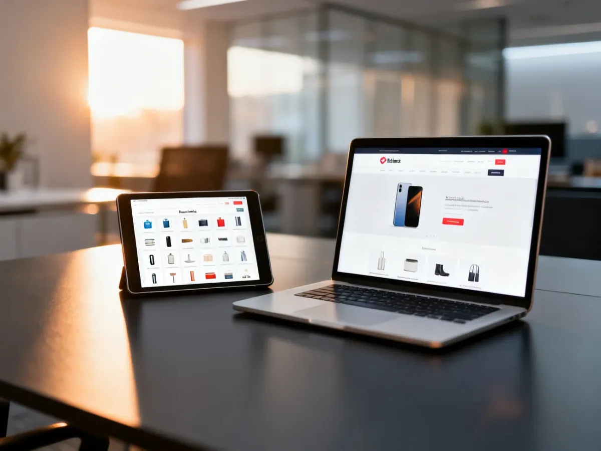 Porównanie interfejsu marketplace na tablecie oraz profesjonalnego sklepu internetowego na laptopie na biurku.