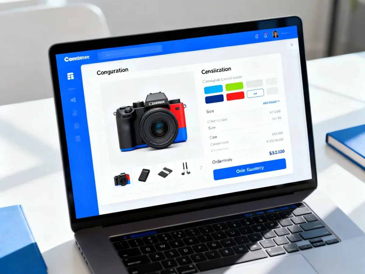 Konfigurator produktu fotograficznego z wyborem wariantu i akcesoriów