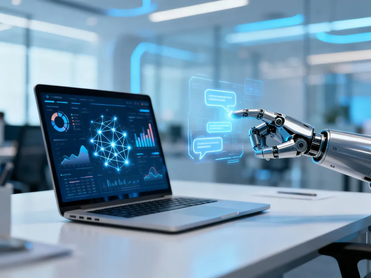 Nowoczesne biurko z robotycznym ramieniem i hologramem, symbolizujące automatyzację obsługi klienta za pomocą sztucznej inteligencji.