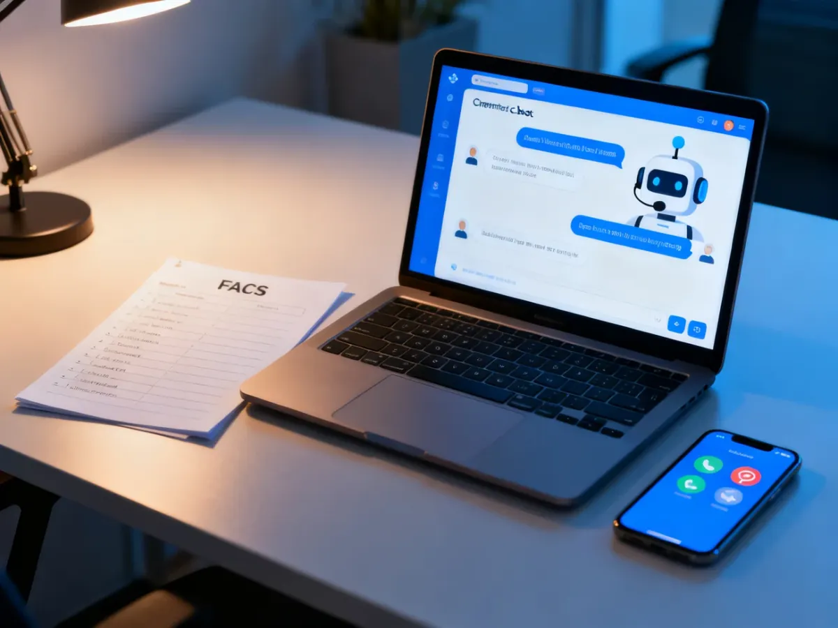 Stanowisko małej firmy z chatbotem, bazą FAQ i automatycznymi powiadomieniami