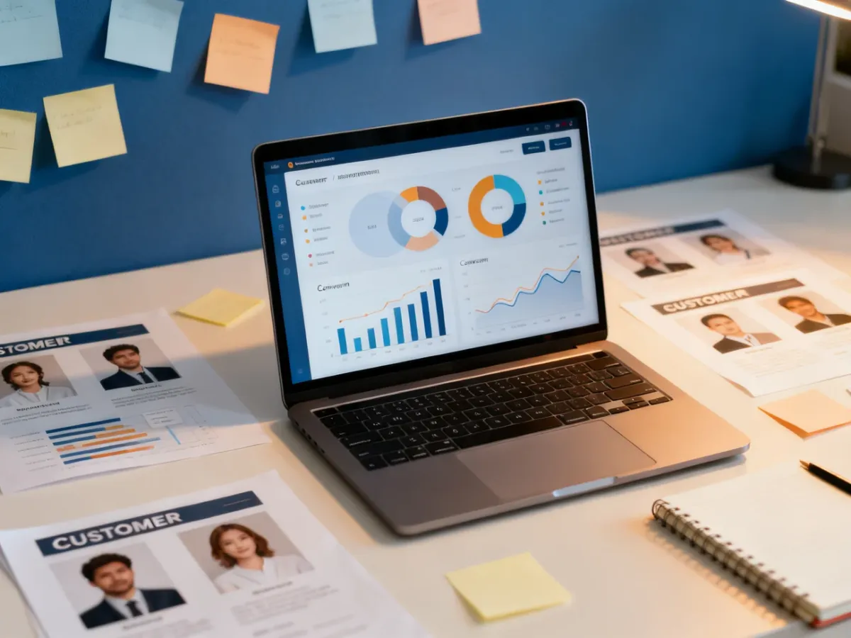 Analityk marketingowy analizujący segmenty klientów i dane sprzedażowe na laptopie