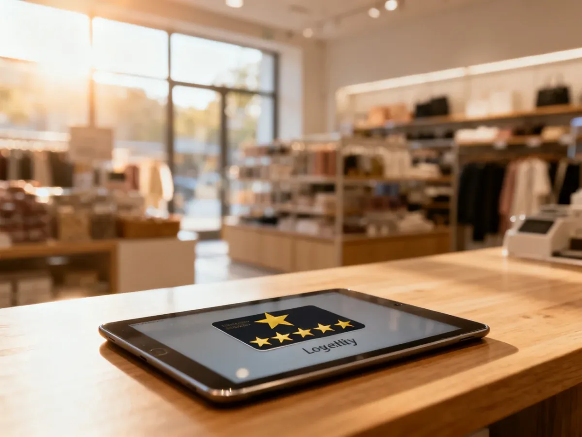 Tablet z ikoną karty lojalnościowej przy kasie w nowoczesnym sklepie, zachęcający klientów do udziału w programie.
