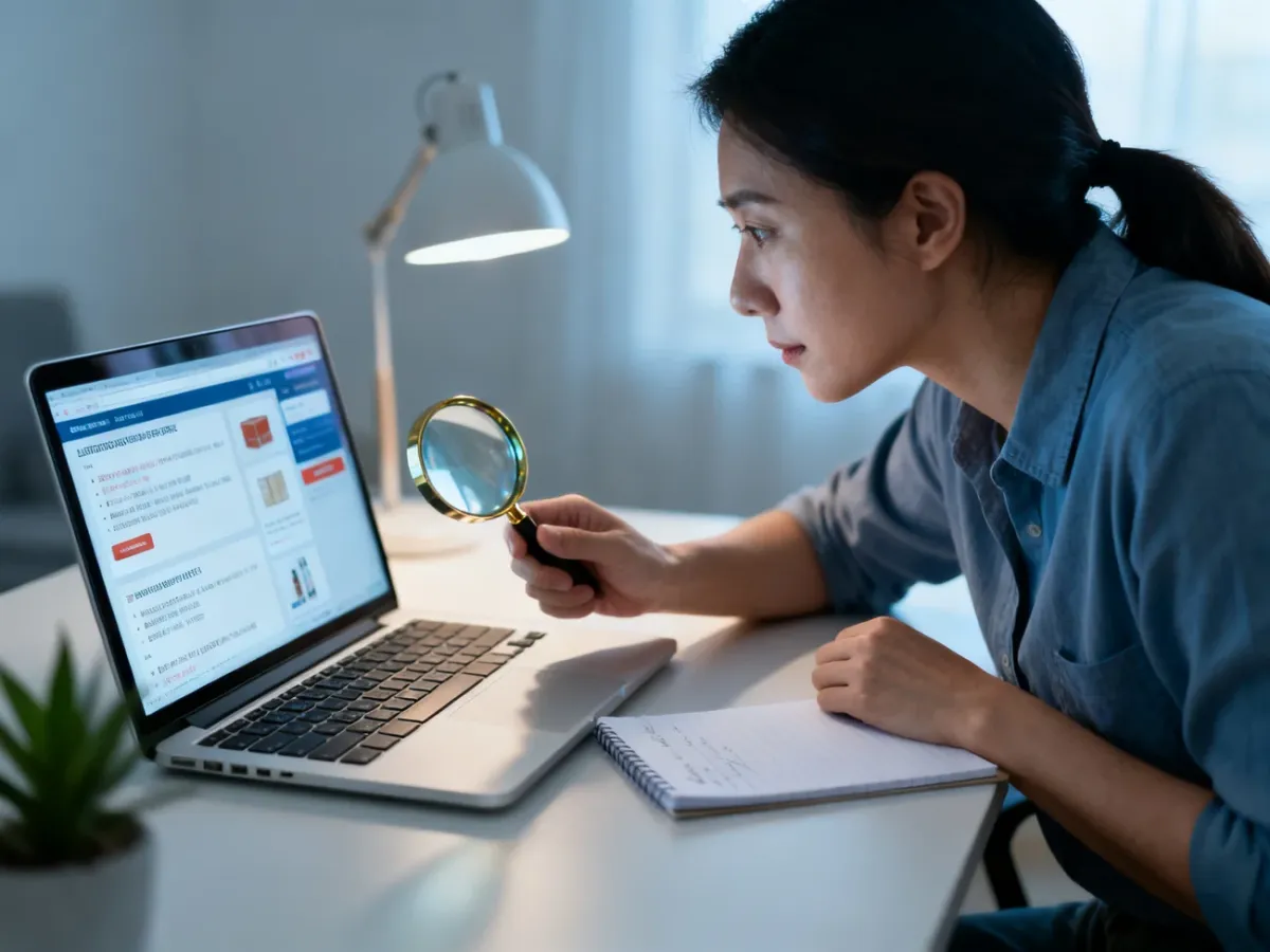 Konsument analizujący opinie o sklepie internetowym przy laptopie