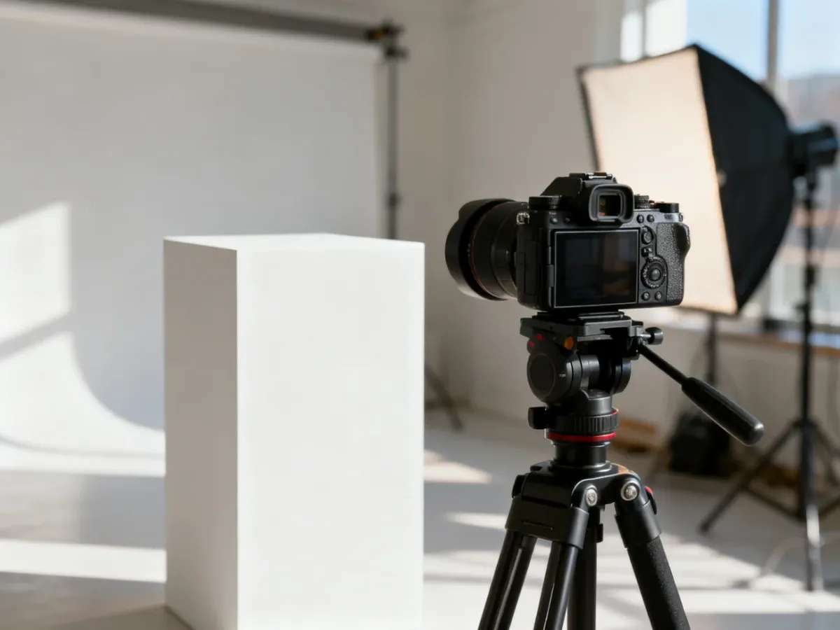 Profesjonalne stanowisko do fotografii produktowej z aparatem na statywie, przygotowane do sesji w minimalistycznym studiu.