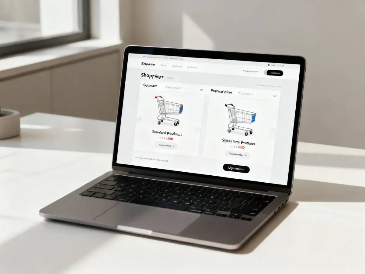 Klient porównujący podstawowy i premium wariant produktu w koszyku sklepu internetowego