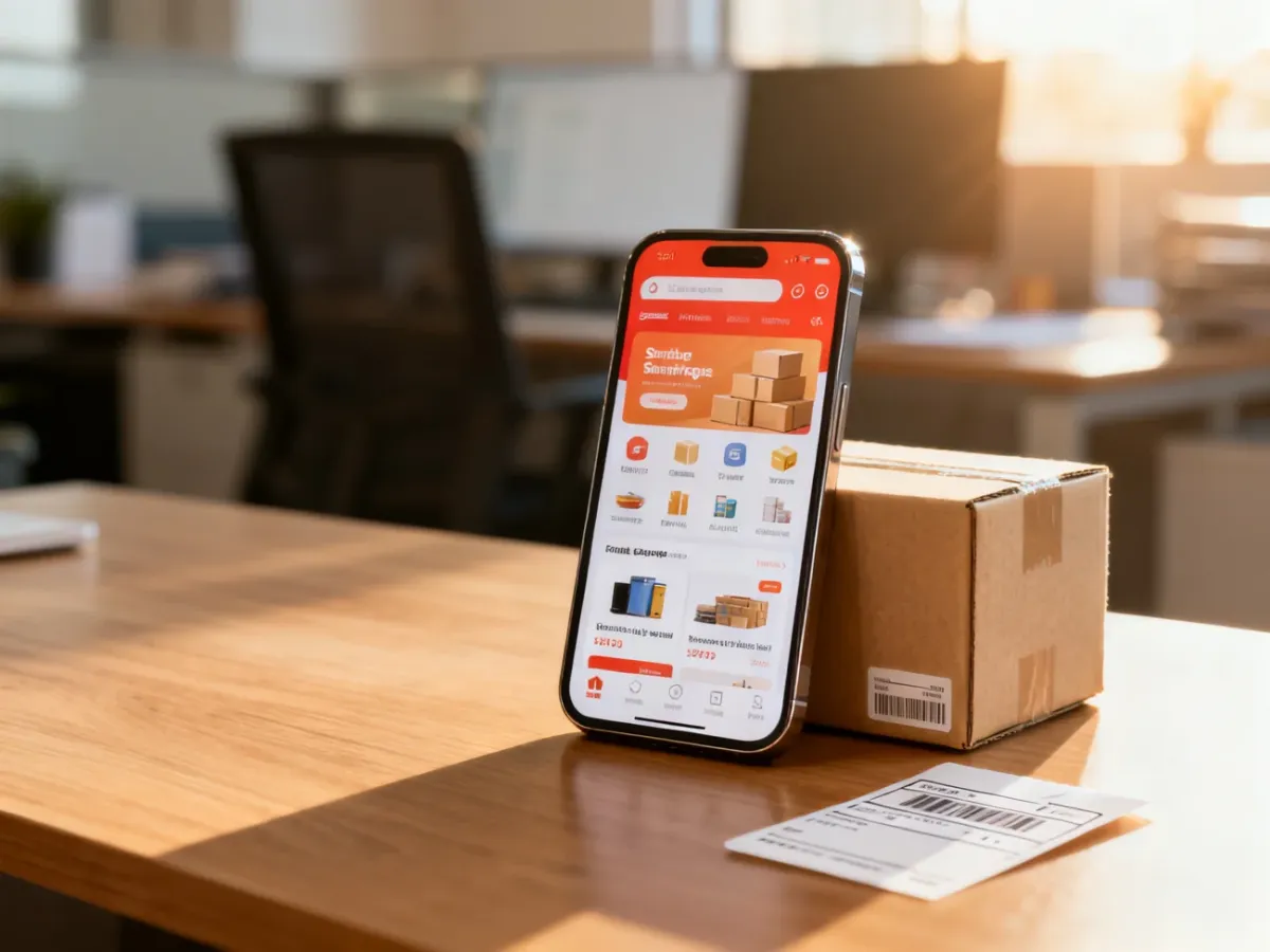Smartfon z aplikacją sprzedażową na biurku obok paczki, symbolizujący przygotowanie firmy do wysyłki towarów na OLX.