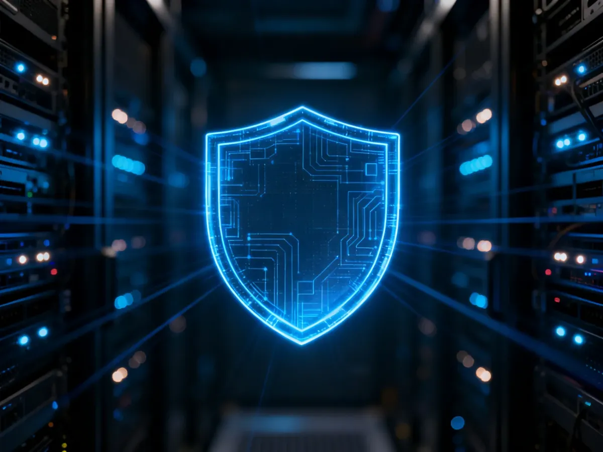 Cyfrowa tarcza symbolizująca zabezpieczenia cybernetyczne na tle serwerowni, podkreślająca ochronę sklepu internetowego.