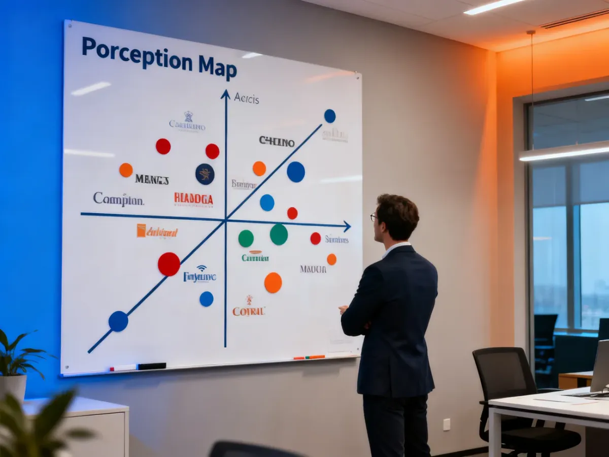 Marketing team analyzing a product perception map with competing brands