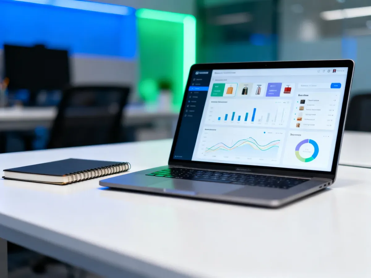 Laptop z analizą widoczności i sprzedaży sklepu internetowego