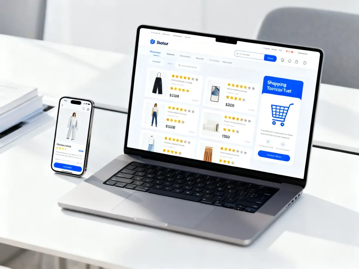 Widok sklepu internetowego z ocenami produktów na laptopie i smartfonie