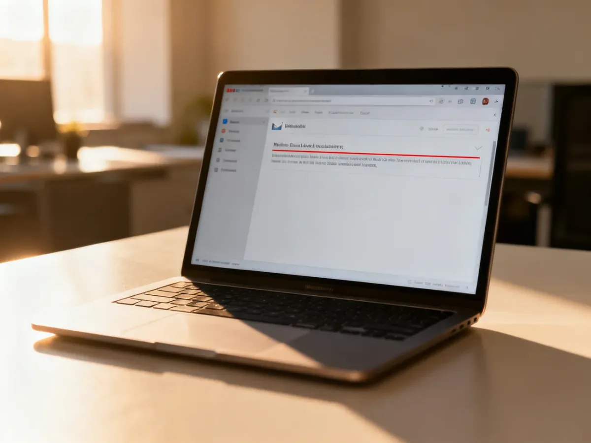 Otwarty interfejs poczty elektronicznej na ekranie laptopa w słonecznym, profesjonalnym biurze.