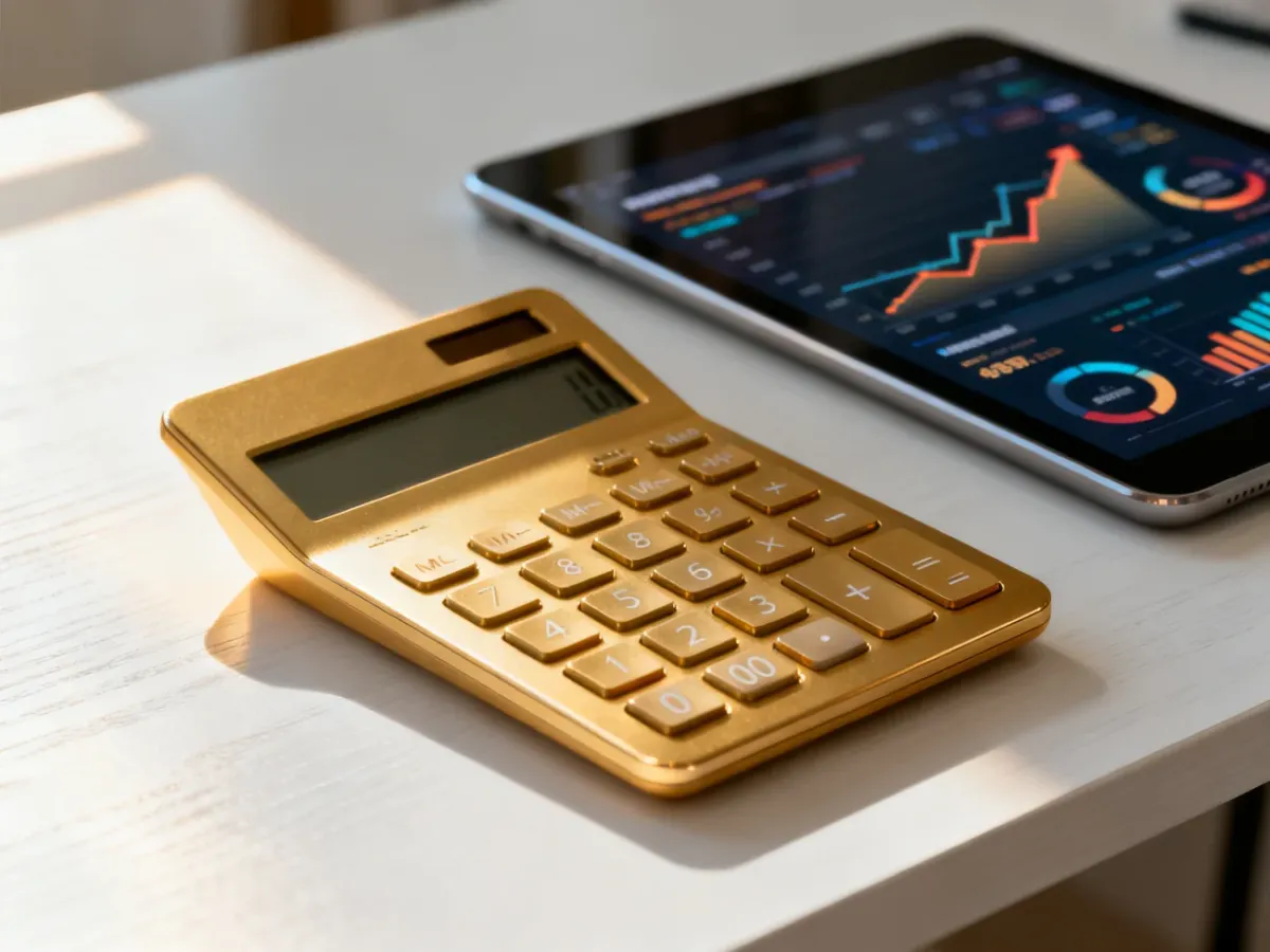 Złoty kalkulator i tablet z wykresami finansowymi na biurku, symbolizujące profesjonalną wycenę produktów w e-sklepie.