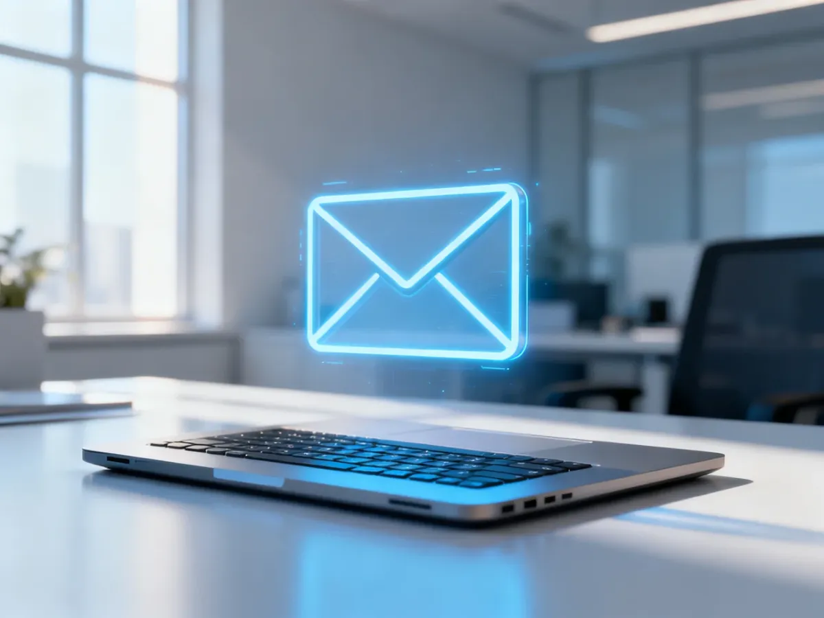 Nowoczesne stanowisko pracy z cyfrową ikoną koperty nad laptopem, symbolizujące automatyzację email marketingu.