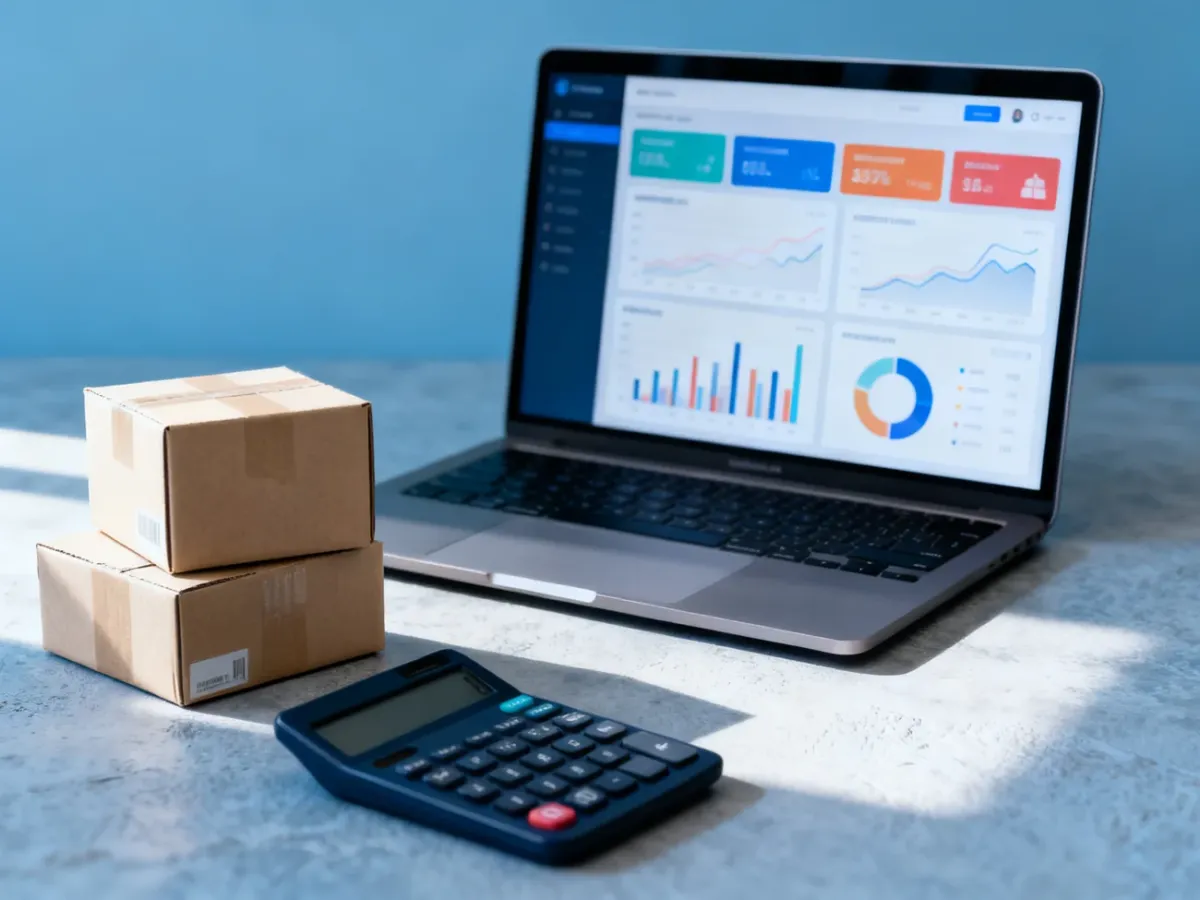 An e-commerce analytics workspace with sales charts, advertising data, product packaging and a calculator