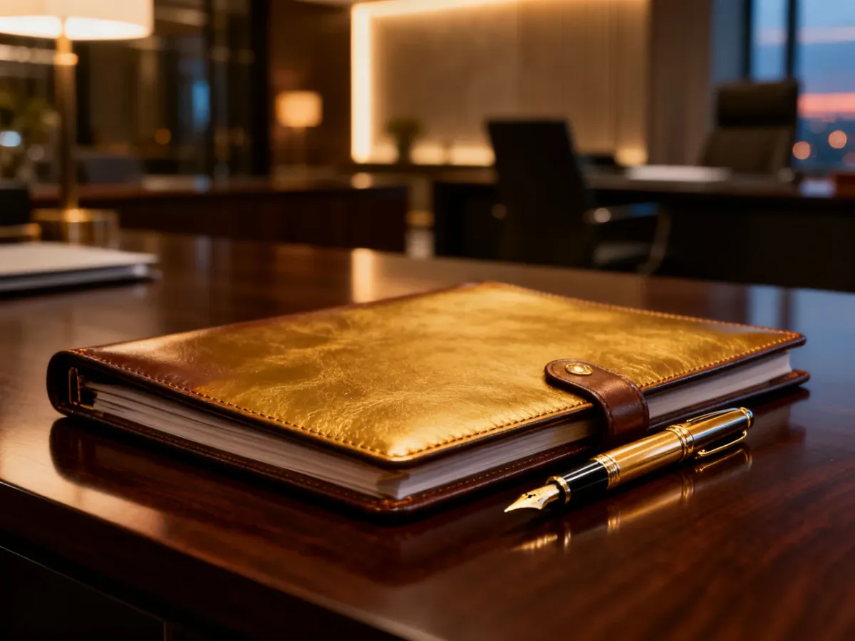 Elegancki skórzany folder i pióro wieczne na mahoniowym biurku, podkreślające prestiżowy charakter obsługi klienta VIP.